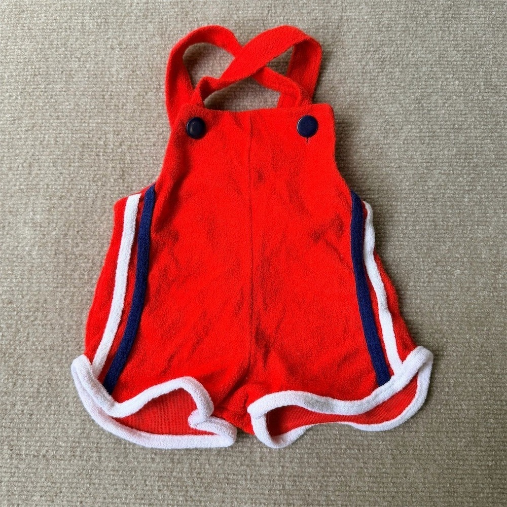 Buster Brown Vintage Baby Boys Shortall Romper Red Navy White Stripes‎